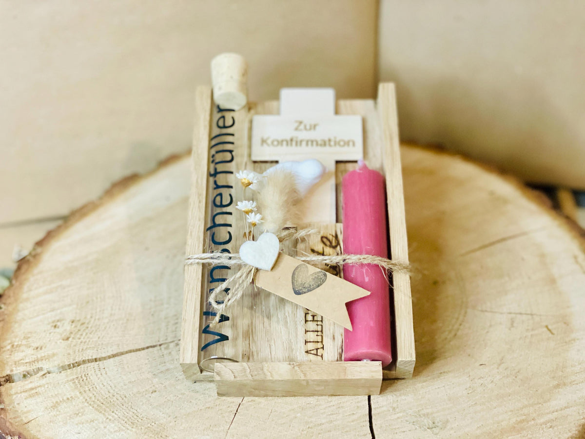 Kommunionsgeschenk Kreuz Kerze, Geschenkset mit Gravur zur Erstkommunion, Geldgeschenk Glasröhrchen, DasGlueckswerk, Geburt & Baby, Religious Events Cards, holz, Wachs, raysin, Filz, Trockenblumen, Jute, Glas, vinylfolie