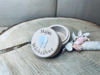 Personalisierte Zahndose aus Holz mit Acrylglas-Zahn – Erinnerungsstück für Milchzähne