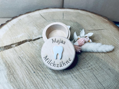 Personalisierte Zahndose aus Holz mit Acrylglas-Zahn – Erinnerungsstück für Milchzähne