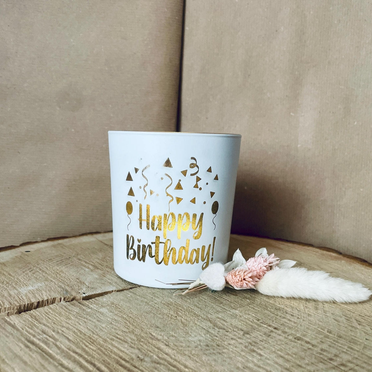 Kerzenglas weiß Gold mit Gravur Happy Birthday teelichthalter Das Glückswerk