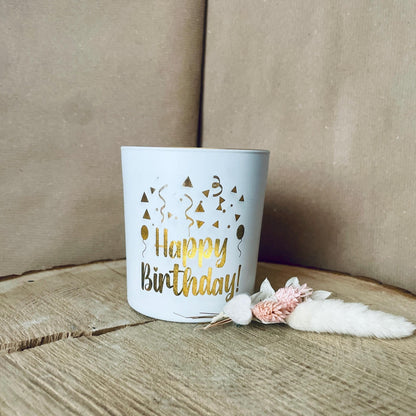 Kerzenglas weiß Gold mit Gravur Happy Birthday teelichthalter Das Glückswerk