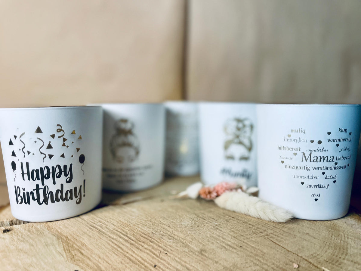 Kerzenglas Mama Gravur Mumlife, weiß Gold, Geschenk zur Geburt für neue Mütter, DasGlueckswerk, Dekoration, Candlestick Holders, glas