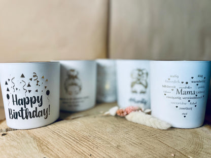 Kerzenglas Mama Gravur Mumlife, weiß Gold, Geschenk zur Geburt für neue Mütter, DasGlueckswerk, Dekoration, Candlestick Holders, glas