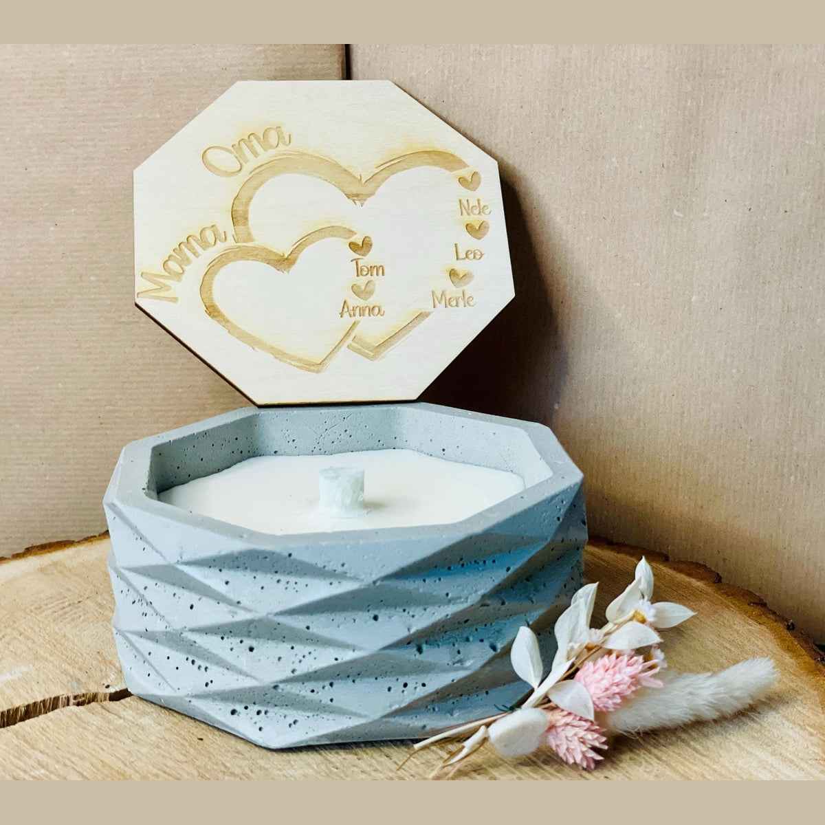 Betonkerze - herzliche schlichte edele Kerze zum verschenken zum Muttertag mit persönlicher GRavur der Kinder und Enkel, Outdoor-Kerze Betonkerze Das Glückswerk