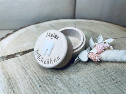 Personalisierte Zahndose aus Holz mit Acrylglas-Zahn – Erinnerungsstück für Milchzähne
