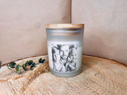 Handgemachte personalisierte Kerze im Glas mit Holzdeckel – Mit eigenem Foto, ideal zum Vatertag für Papa, Sohn, Tochter oder ganze Familie