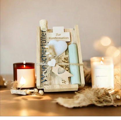 Kommunionsgeschenk Kreuz Kerze, Geschenkset mit Gravur zur Erstkommunion, Geldgeschenk Glasröhrchen, DasGlueckswerk, Geburt & Baby, Religious Events Cards, holz, Wachs, raysin, Filz, Trockenblumen, Jute, Glas, vinylfolie