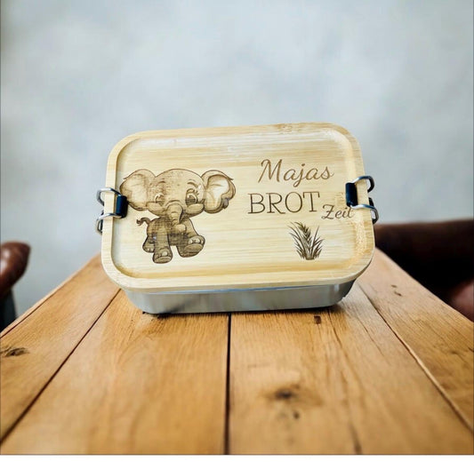 Bento-Box Brotdose mit individueller Gravur und Tiermotiv aus Edelstahl und Bambus Holz 750ml Dose