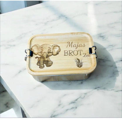 Bento-Box Brotdose mit individueller Gravur und Tiermotiv aus Edelstahl und Bambus Holz 750ml Dose Lunchbox Das Glückswerk