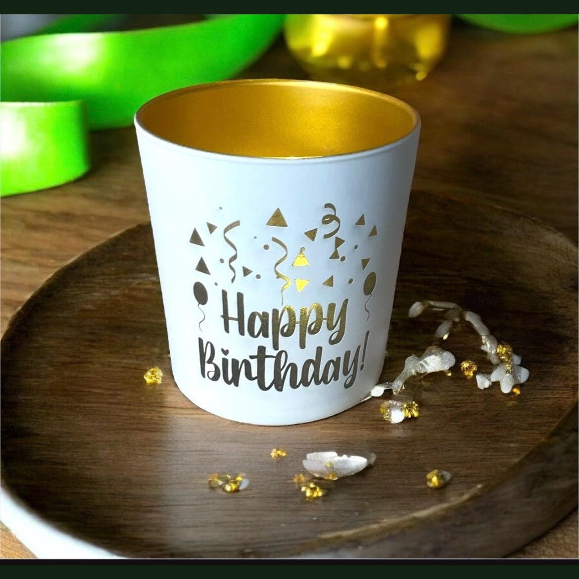 Kerzenglas weiß Gold mit Gravur Happy Birthday teelichthalter Das Glückswerk