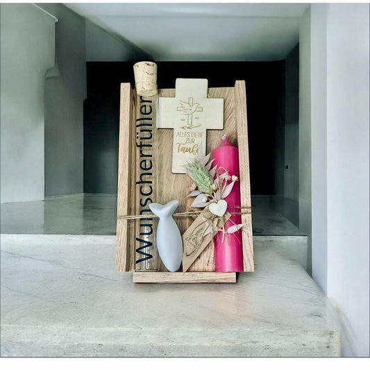 Taufgeschenk Set Geldgeschenk mit Kerze Holzkreuz & WUNSCHERFÜLLER aus Glas Geschenkset Das Glückswerk