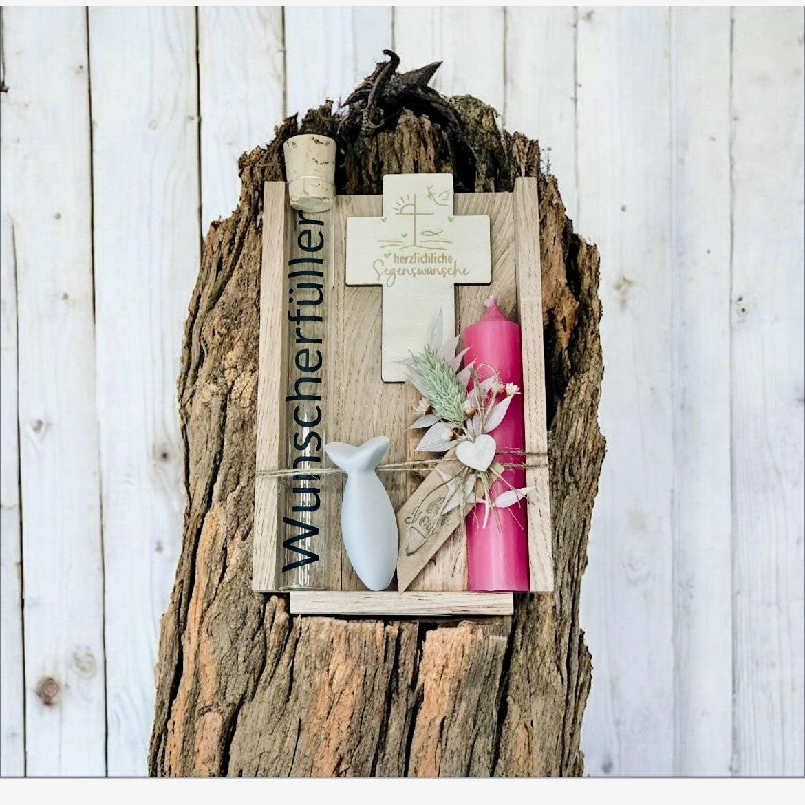 Taufgeschenk Set Geldgeschenk mit Kerze Holzkreuz & WUNSCHERFÜLLER aus Glas Geschenkset Das Glückswerk