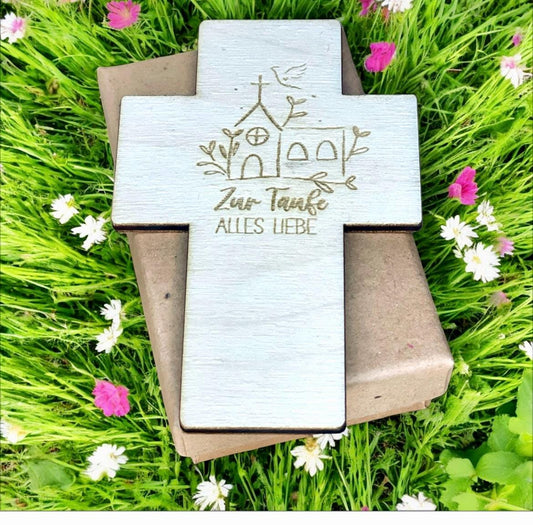 Kreuz mit Gravur „Herzliche Segenswünsche“ – Christliches Geschenk zur Taufe oder Kommunion