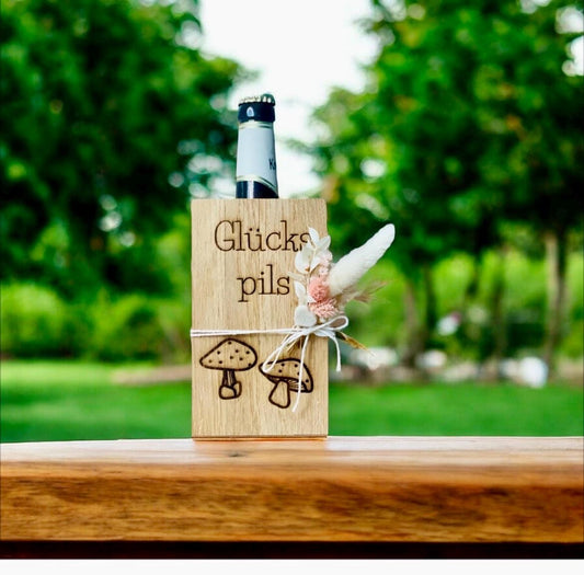 Flaschenbox aus Holz mit Gravur “Glückspilz”