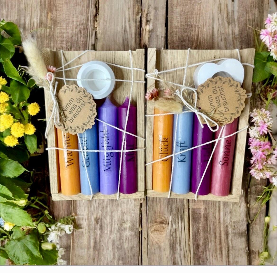 Kerzenset Nimm dir was du brauchst, mit Kerzenständer, Geschenk für besondere Anlässe, DasGlueckswerk, Hochzeit & Liebe, Candleholders, Holz, wachs, raysin