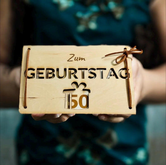 Geldgeschenk Karte zum Geburtstag aus  Holz mit Lederband