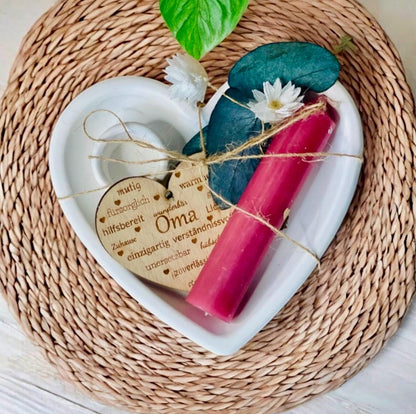 Geschenkset in Herzform für Mama Oma Tante mit Kerze, Plakette aus Holz, Kerzenständer Herz und Trockenblumen Geschenkset Das Glückswerk
