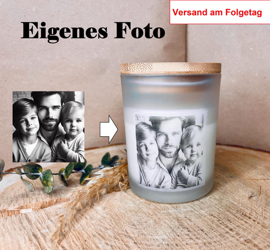 Handgemachte personalisierte Kerze im Glas mit Holzdeckel – Mit eigenem Foto, ideal zum Vatertag für Papa, Sohn, Tochter oder ganze Familie