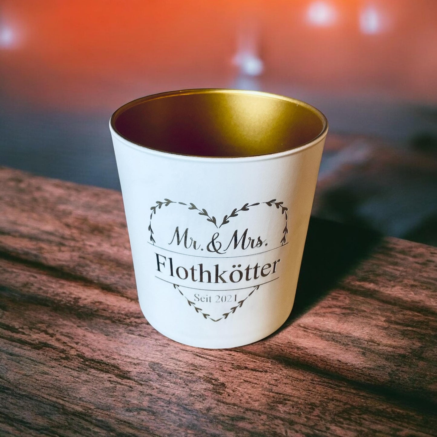 Kerzenglas Mr Mrs personalisiert, weiß Gold mit Namen und Datum, Hochzeitsgeschenk, DasGlueckswerk, Hochzeit & Liebe, Candlestick Holders, glas, Goldlack innen, Gravur