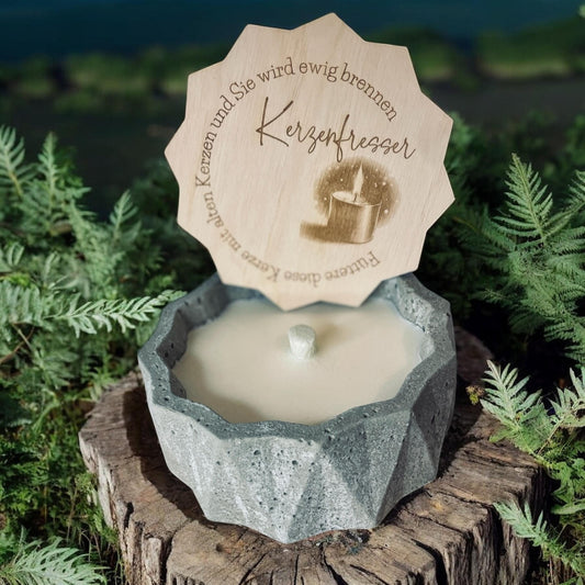 edele Indoor Betonkerze "Kerzenfresser" in Geschenkverpackung kerzenfresser indoor, tischfeuer, schmelzlicht, dauerwachskerze Betonkerze Das Glückswerk