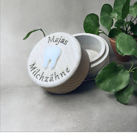 Personalisierte Zahndose aus Holz mit Acrylglas-Zahn – Erinnerungsstück für Milchzähne