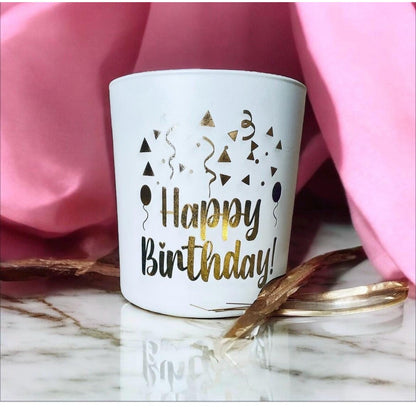 Kerzenglas weiß Gold mit Gravur Happy Birthday teelichthalter Das Glückswerk