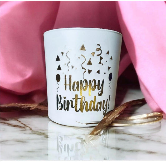 Kerzenglas weiß Gold mit Gravur Happy Birthday teelichthalter Das Glückswerk