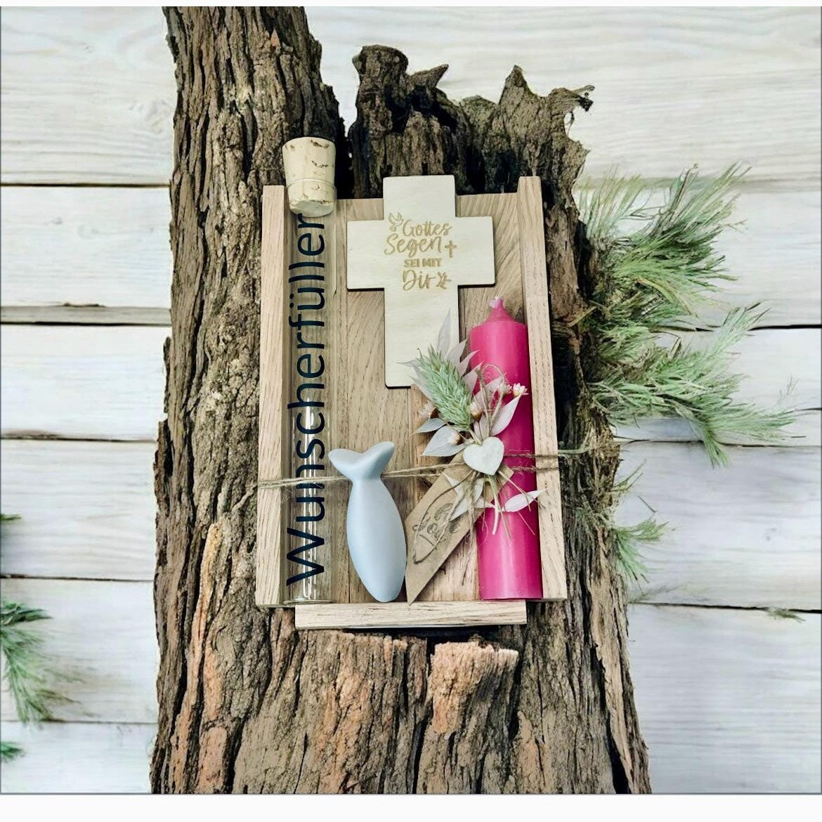 Taufgeschenk Set Geldgeschenk mit Kerze Holzkreuz & WUNSCHERFÜLLER aus Glas Geschenkset Das Glückswerk
