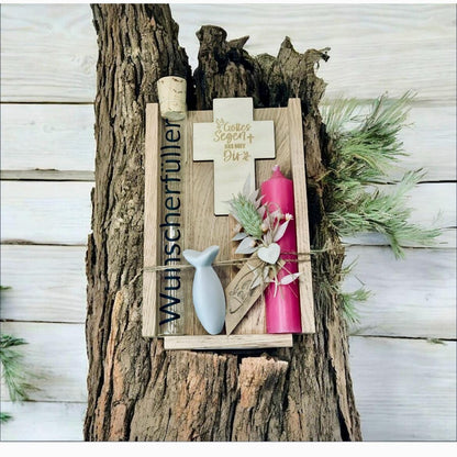 Taufgeschenk Set Geldgeschenk mit Kerze Holzkreuz & WUNSCHERFÜLLER aus Glas Geschenkset Das Glückswerk