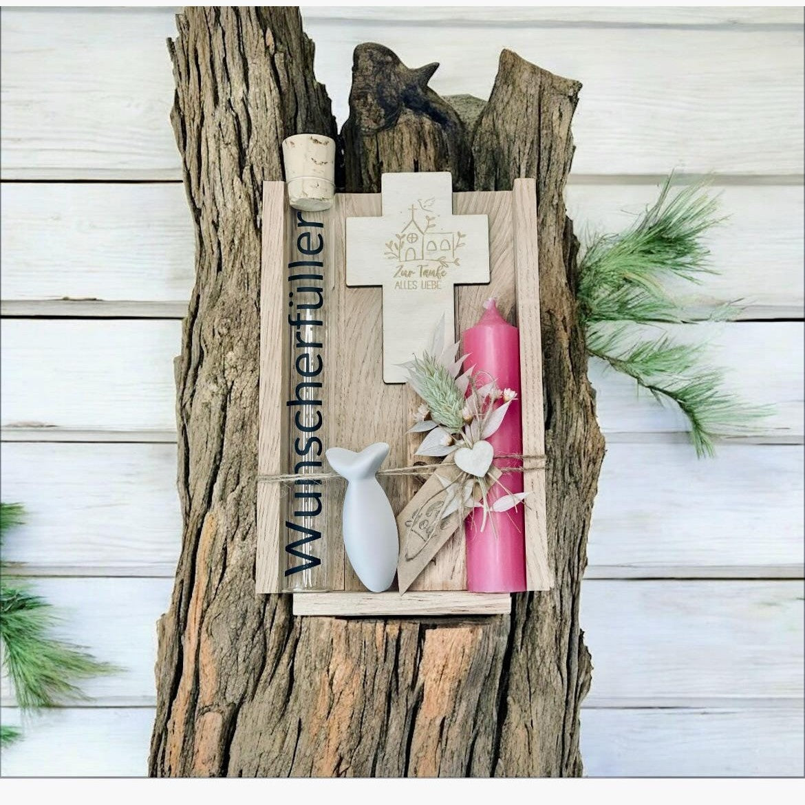 Taufgeschenk Set Geldgeschenk mit Kerze Holzkreuz & WUNSCHERFÜLLER aus Glas Geschenkset Das Glückswerk