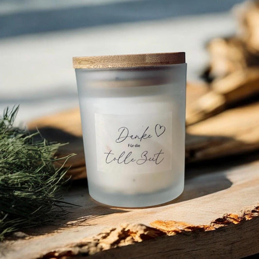 Handgemachte Sojawachs Kerze im Glas mit Holzdeckel und Aufschrift Danke für die tolle Zeit Kerze Das Glückswerk