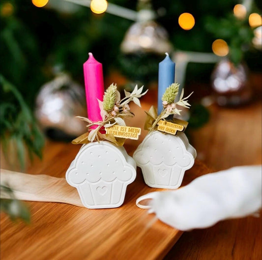 weißes Kuchenstück/ Muffin aus raysin mit bunter Kerze und Trockenblumen zum Geburtstag