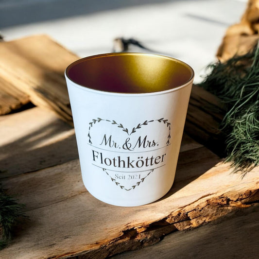 Elegantes Kerzenglas Weiß und Gold mit Gravur „Mr & Mrs“ – Perfektes Hochzeitsgeschenk Hochzeitsdeko Teelichhalter Das Glückswerk