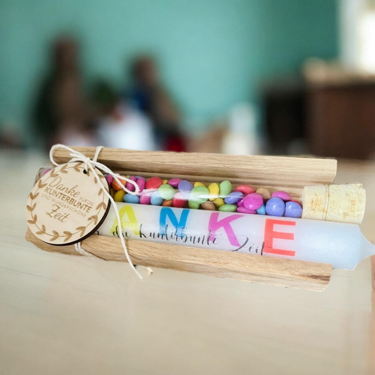 Abschiedsgeschenk Erzieherin, Kerze mit Glasröhrchen, Danke Geschenk Kita Kindergarten, DasGlueckswerk, Dekoration, Greeting Cards, holz, Wachs, Glas, Kork