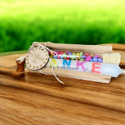 Abschiedsgeschenk Erzieher „Danke für die kunterbunte Zeit“ – mit Kerze & Reagenzglas, Kindergarten Geschenk persönlich Geschenkset Das Glückswerk
