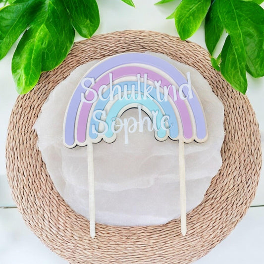 neuer Personalisierter Holz-Cake-Topper mit Acryl-Regenbogen – Schulanfang Dekoration für Kinder mit Namen