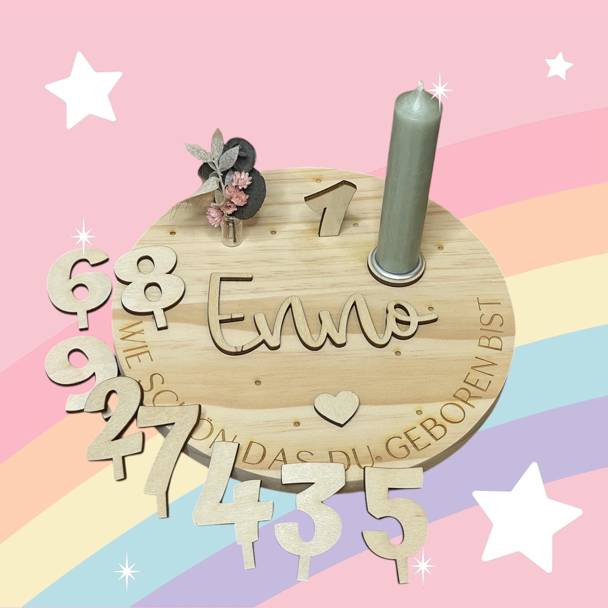 Geburtstagsteller Holz personalisiert mit Name, Steckzahlen 1-9 und Kerze in Wunschfarbe, DasGlueckswerk, Geburtstag, Centerpieces, Holz, wachs