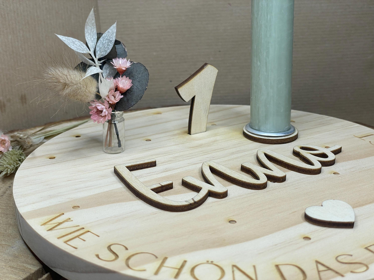 Personalisierter Geburtstagsteller aus Holz mit Kerzenhalter & Zahlen 1–9 – Geburtstagsdeko für Kinder Geburtstagsteller Das Glückswerk