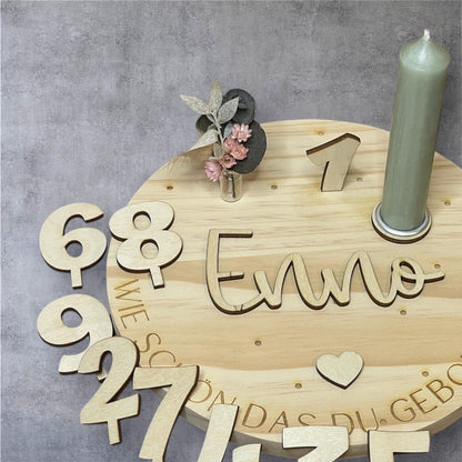 Geburtstagsteller Holz personalisiert mit Name, Steckzahlen 1-9 und Kerze in Wunschfarbe, DasGlueckswerk, Geburtstag, Centerpieces, Holz, wachs
