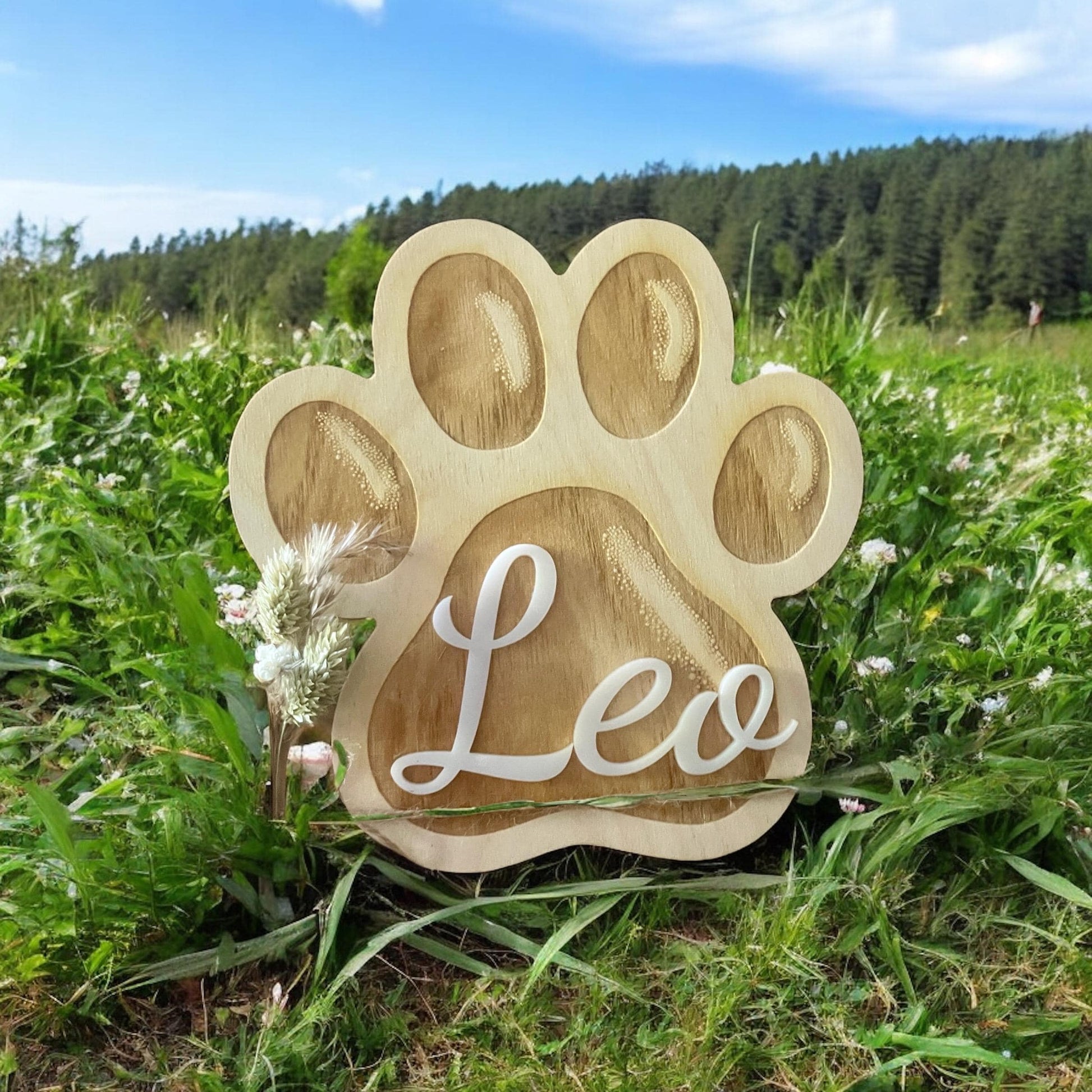 Hundepfote / Katzenpfote Holzschild personalisiert – Namensschild für Hundehütte mit Acrylglas-Namen Türschild Das Glückswerk