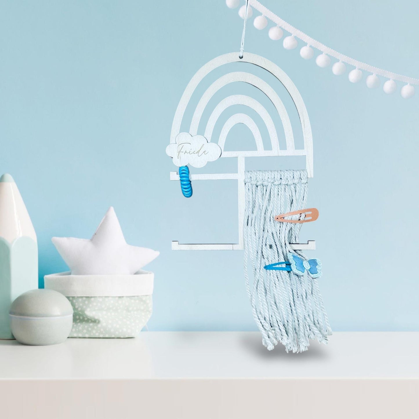 Personalisierter Haarspangenhalter Regenbogen Holz | Aufbewahrung Haarspangen & Haargummis | Geschenk Mädchen Kinderzimmer Deko Aufsteller Flothkötter Shop