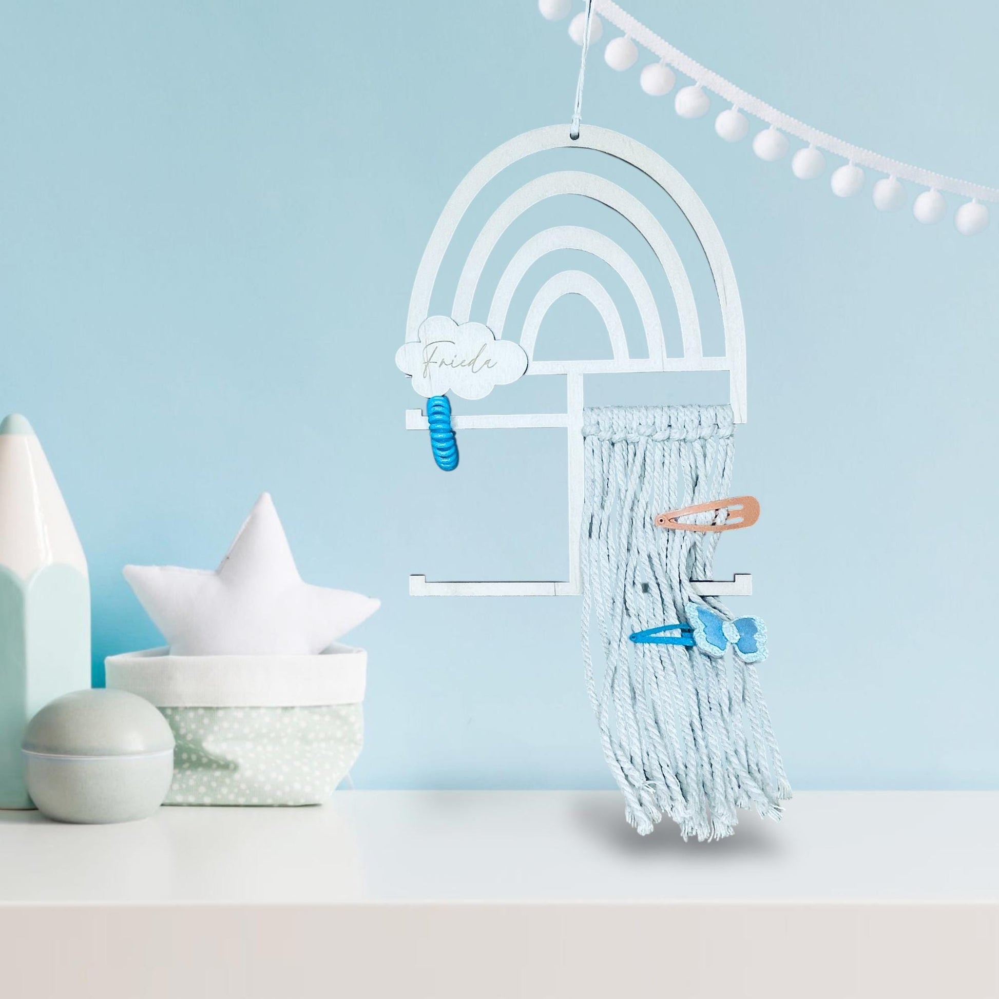 Personalisierter Haarspangenhalter Regenbogen Holz | Aufbewahrung Haarspangen & Haargummis | Geschenk Mädchen Kinderzimmer Deko Aufsteller Flothkötter Shop