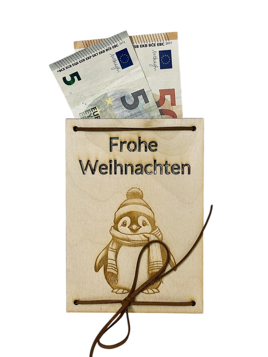 Holz Geschenkkarte Weihnachten mit Gravur – Pinguin & „Frohe Weihnachten“ | Geldgeschenk Verpackung Das Glückswerk