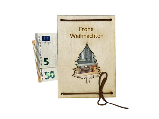 Holz Geschenkkarte Weihnachten mit Gravur – Tannenbaum & „Frohe Weihnachten“ | Geldgeschenk Weihnachten Das Glückswerk
