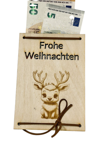 Holz Geschenkkarte Weihnachten mit Gravur – Rentier & „Frohe Weihnachten“ | Geldgeschenk Holz Das Glückswerk