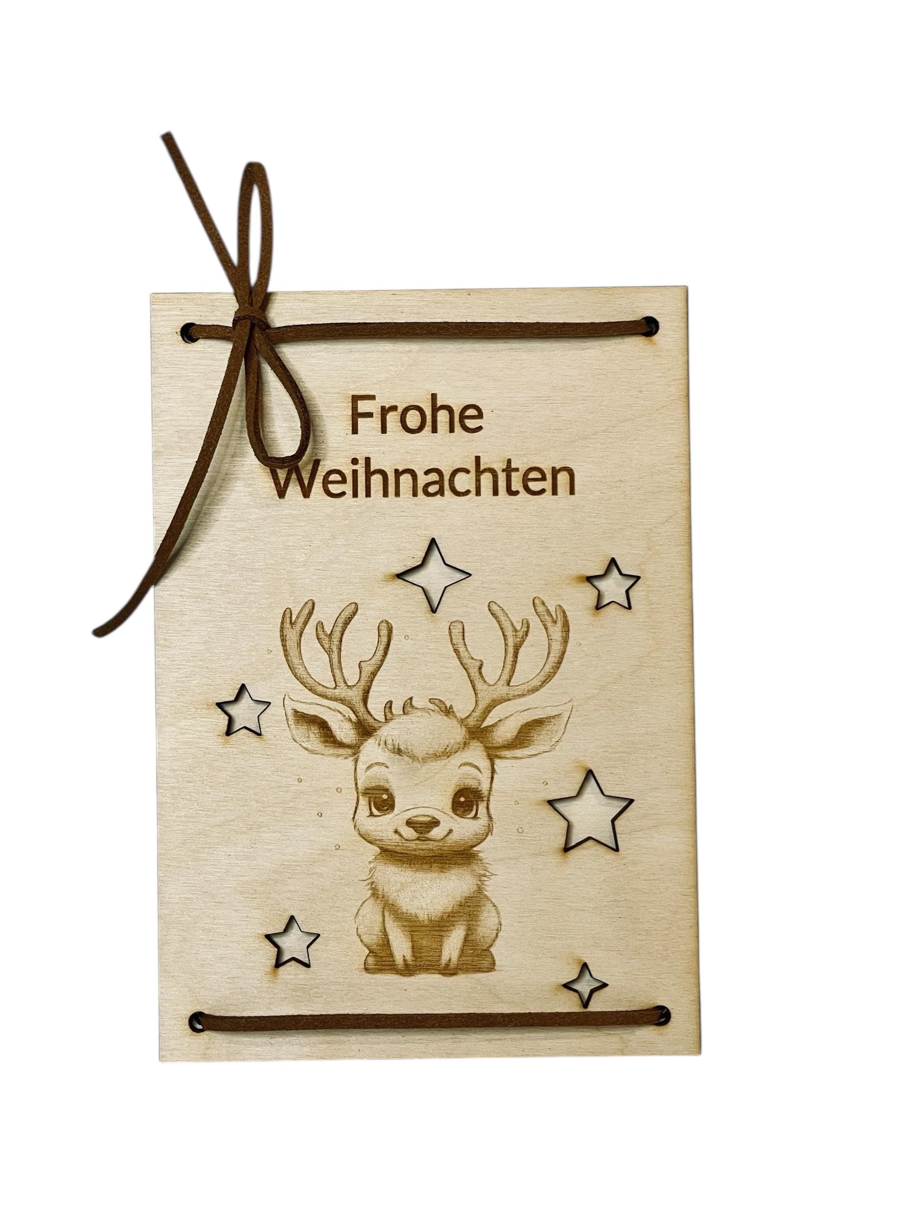 Holz Geschenkkarte Weihnachten mit Gravur – Rentier mit Sternen | Geldgeschenk Weihnachten Das Glückswerk