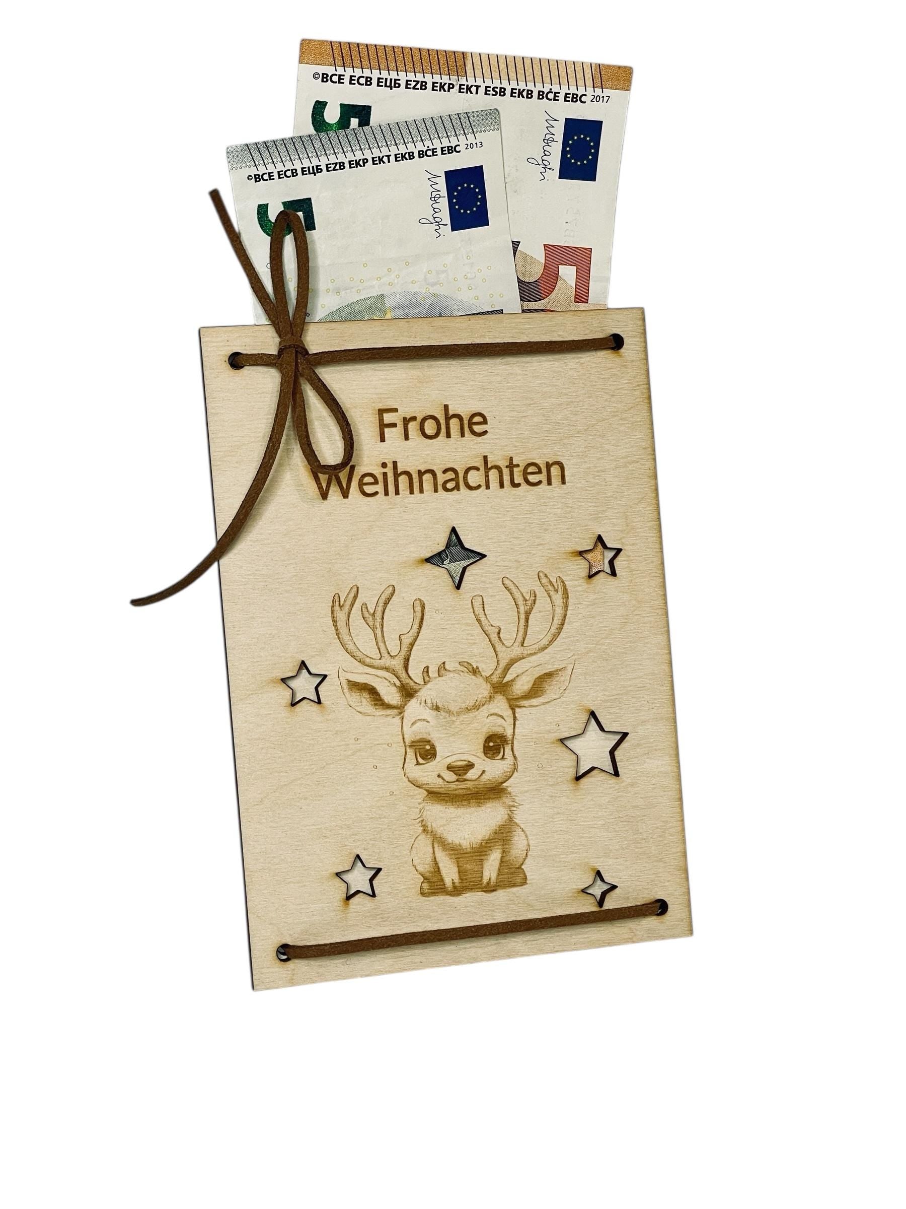 Holz Geschenkkarte Weihnachten mit Gravur – Rentier mit Sternen | Geldgeschenk Weihnachten Das Glückswerk