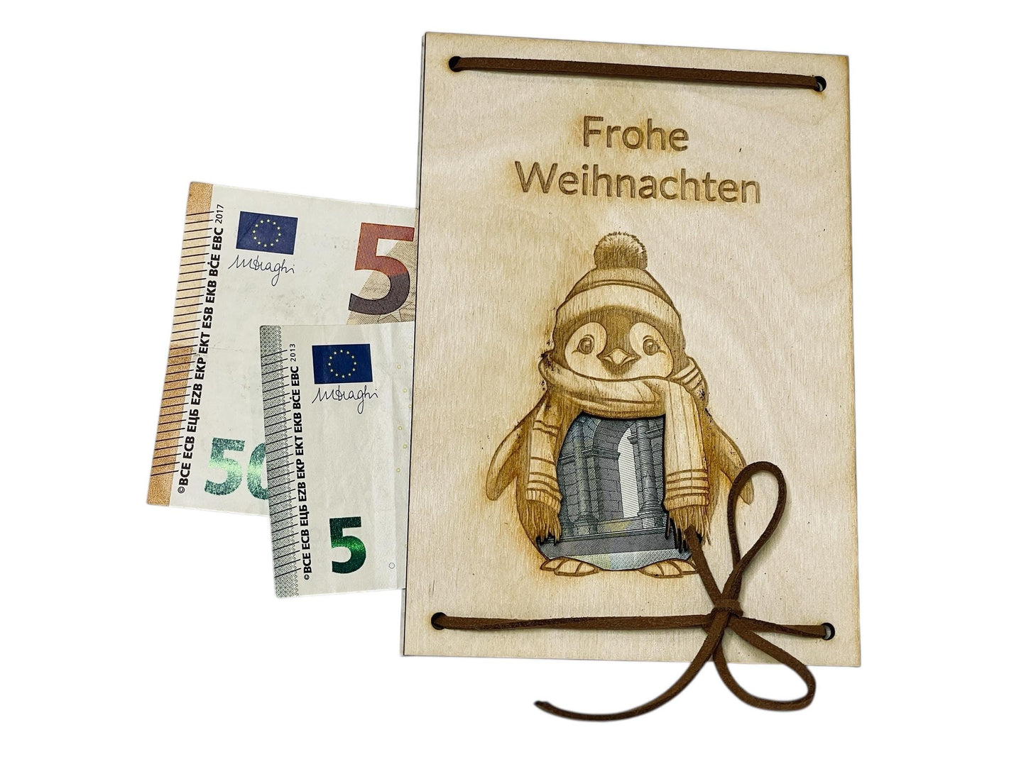 Holz Geschenkkarte Weihnachten – Pinguin mit Geldfach im Bauch | Originelle Geldgeschenk Verpackung Das Glückswerk