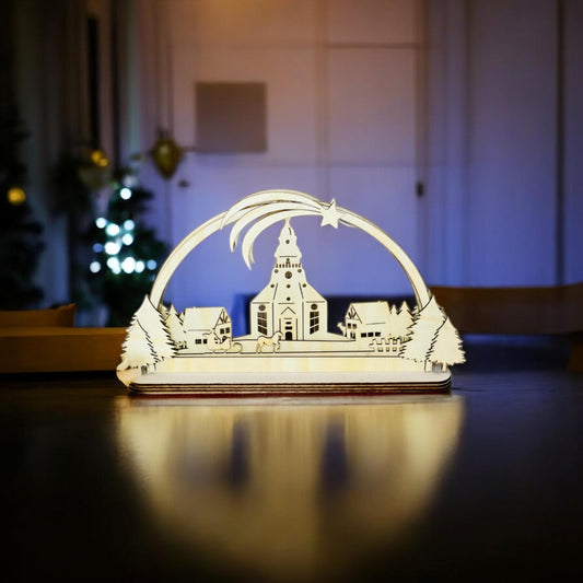 Handgefertigter Schwibbogen Seiffener Kirche – Erzgebirge Deko, LED Lichterbogen, Weihnachten, Holzkunst, verschiedene Größen Das Glückswerk