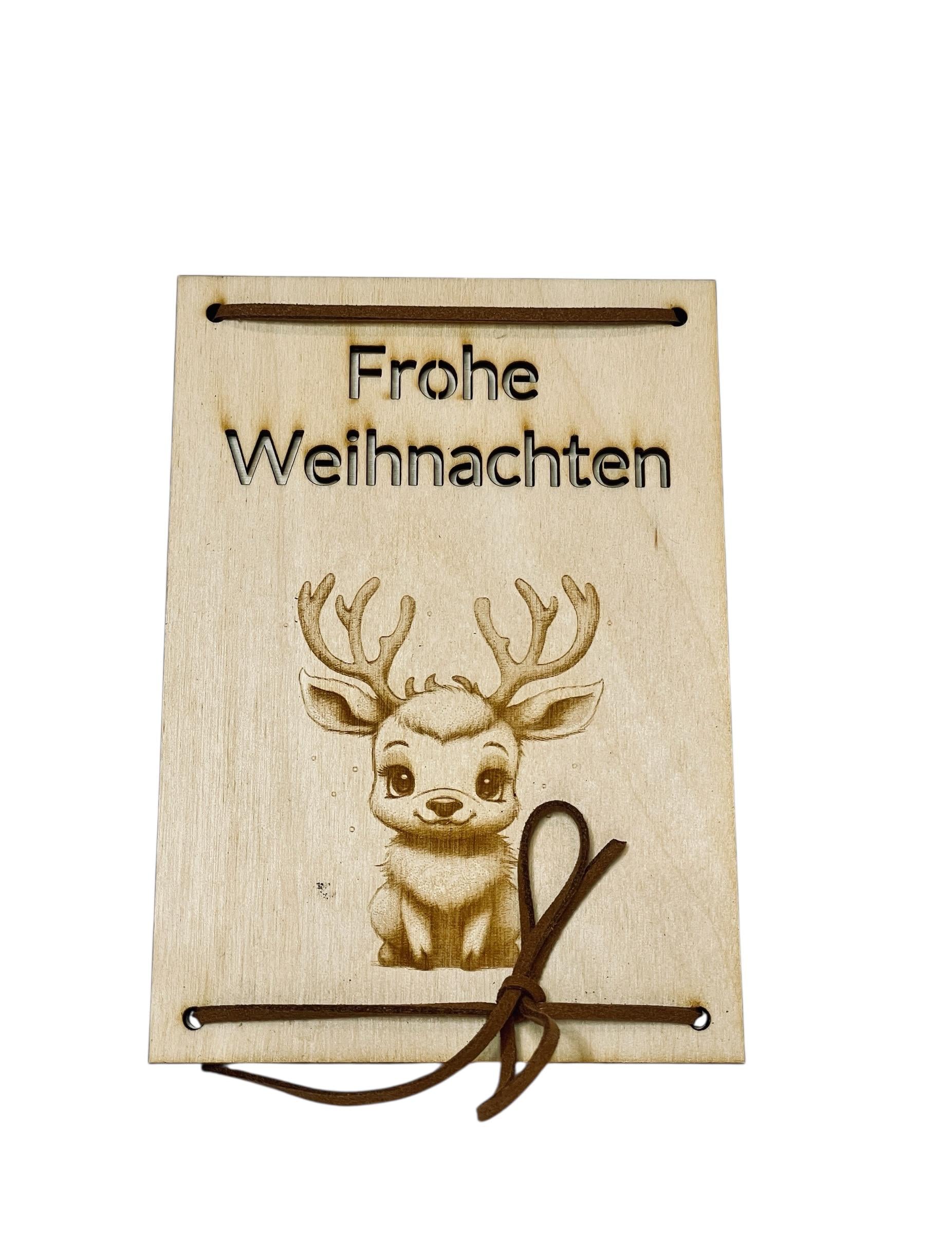 Holz Geschenkkarte Weihnachten mit Gravur – Rentier & „Frohe Weihnachten“ | Geldgeschenk Holz Das Glückswerk